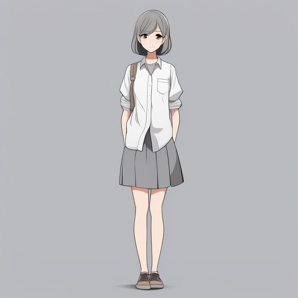 极简二次元风格女孩全身像——灰色背景俯身少女