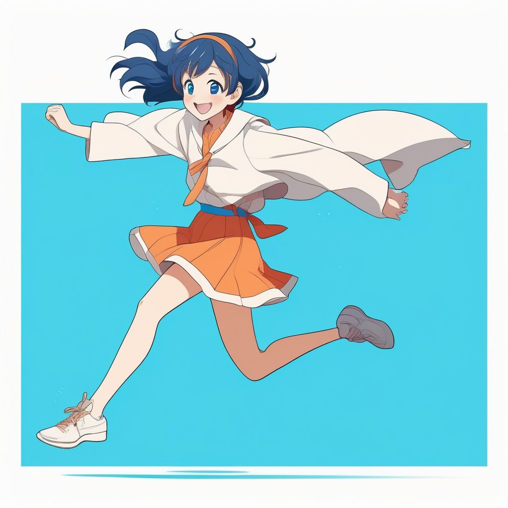 极简二次元风格女孩全身像——蓝色背景跳跃女孩