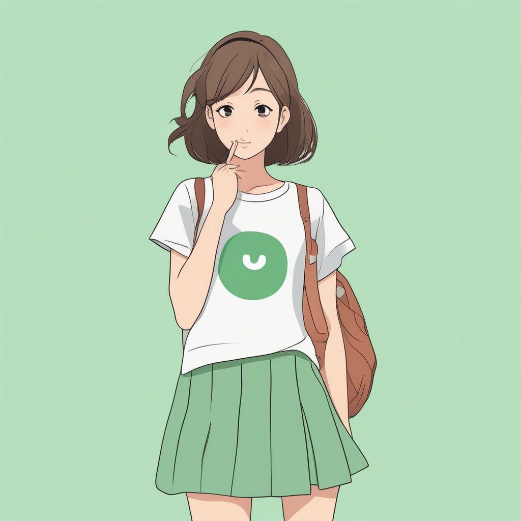 极简二次元风格女孩全身像——绿色背景眨眼少女