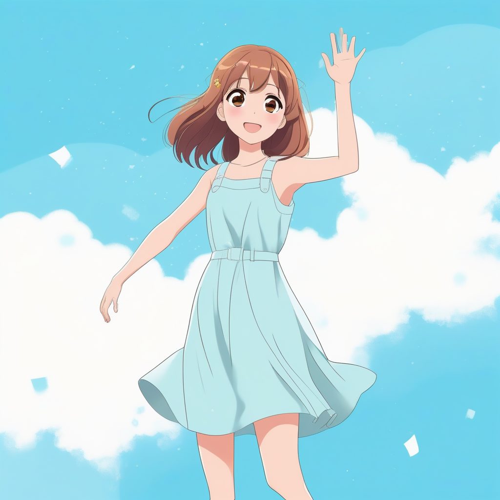 极简二次元风格女孩全身像——天蓝背景挥手少女