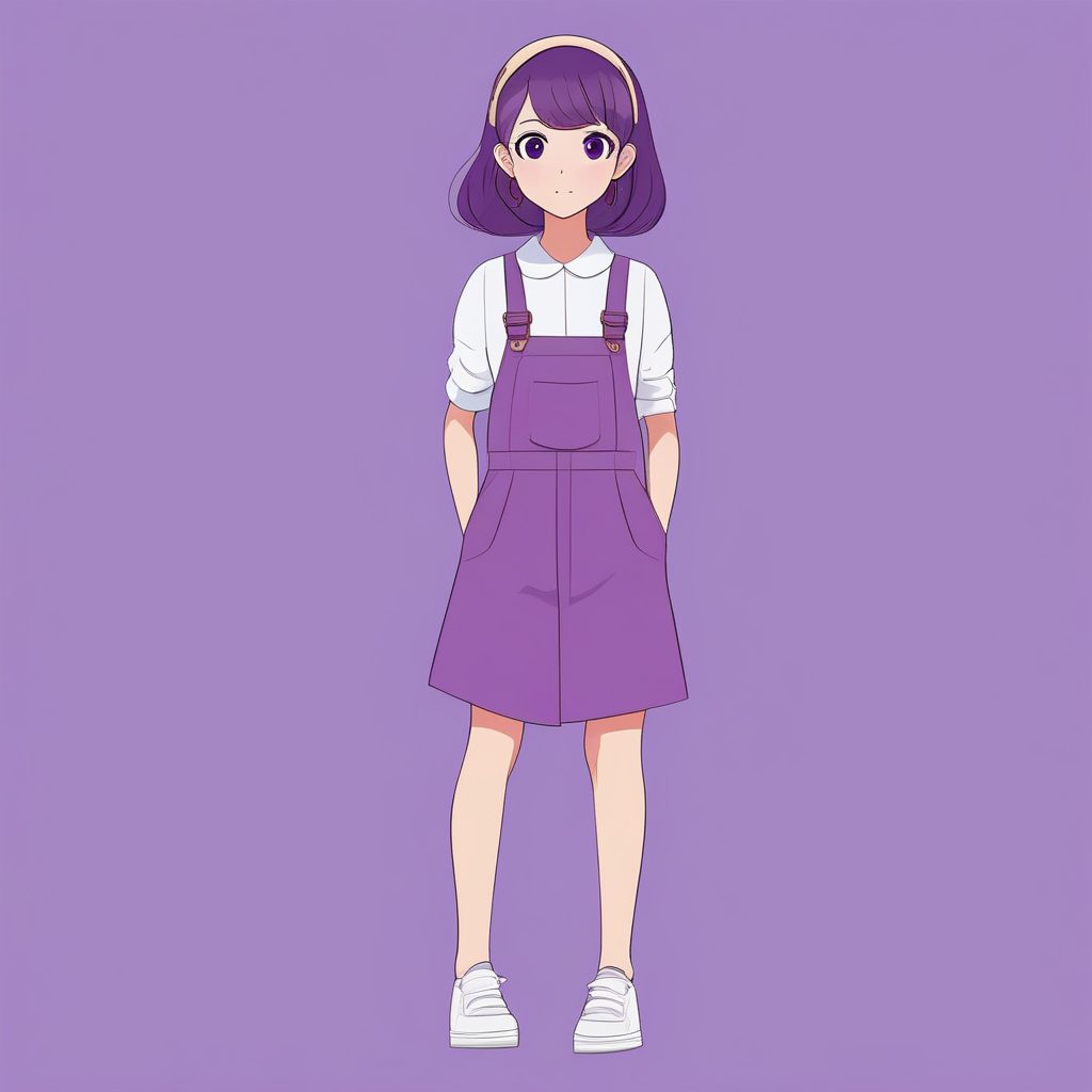 极简二次元风格女孩全身像——紫色背景微笑女孩