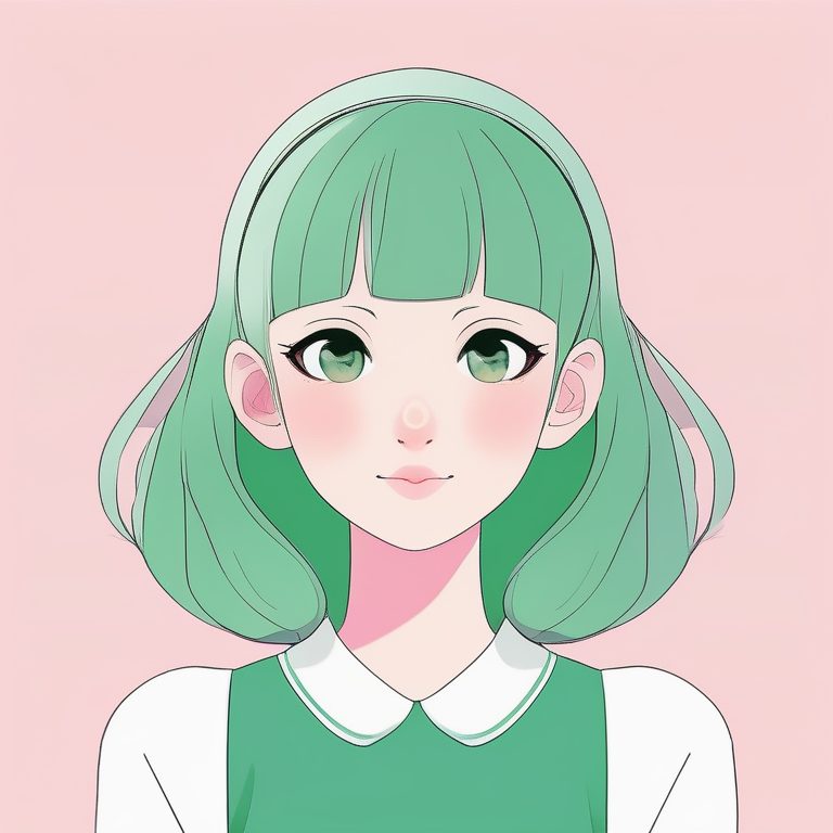 极简二次元风格女孩肖像——短绿发甜美少女正脸