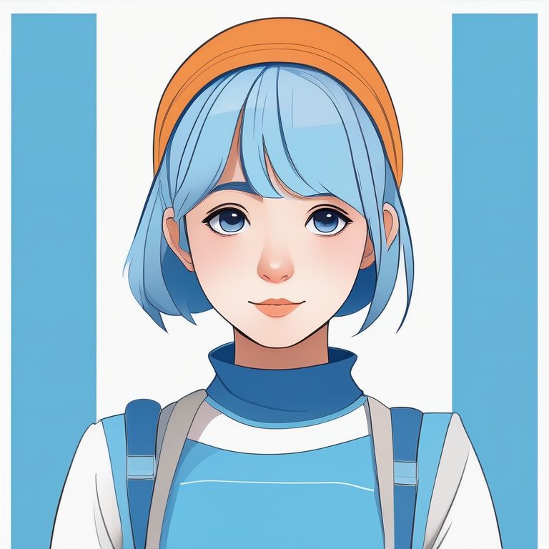 极简二次元风格女孩肖像:蓝色短发女孩