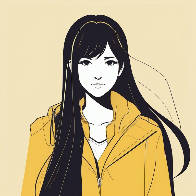 极简二次元风格少女,暖黄色背景,长直发