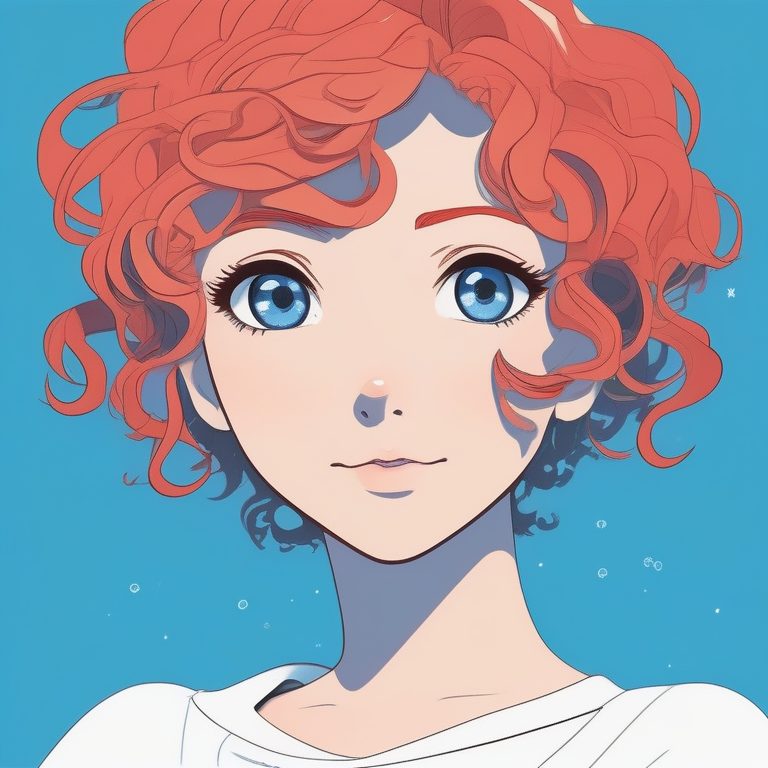 极简二次元红发女孩肖像：蓝色背景明亮风格