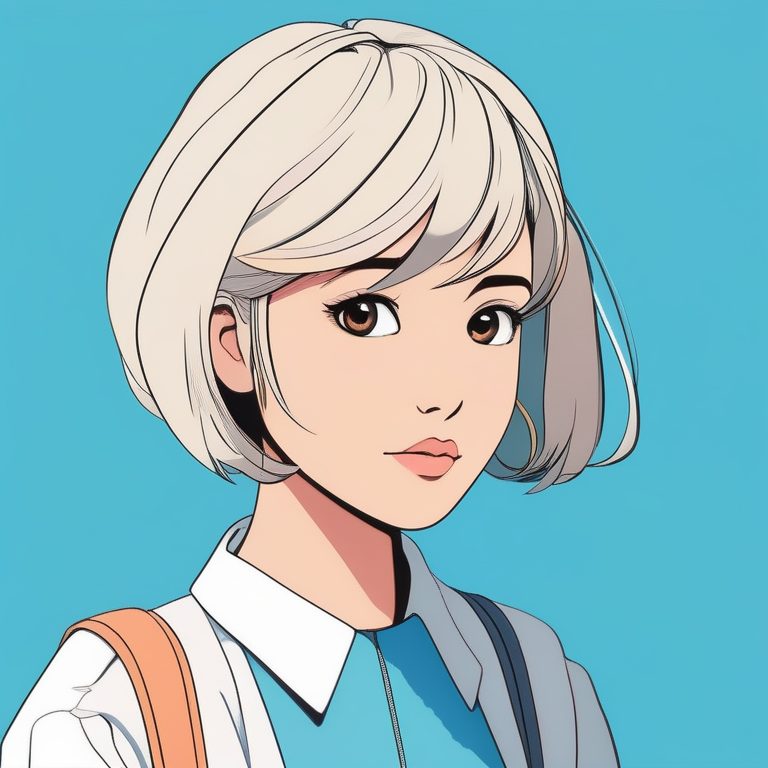 极简二次元女孩肖像,纯色蓝背景,明亮短发少女