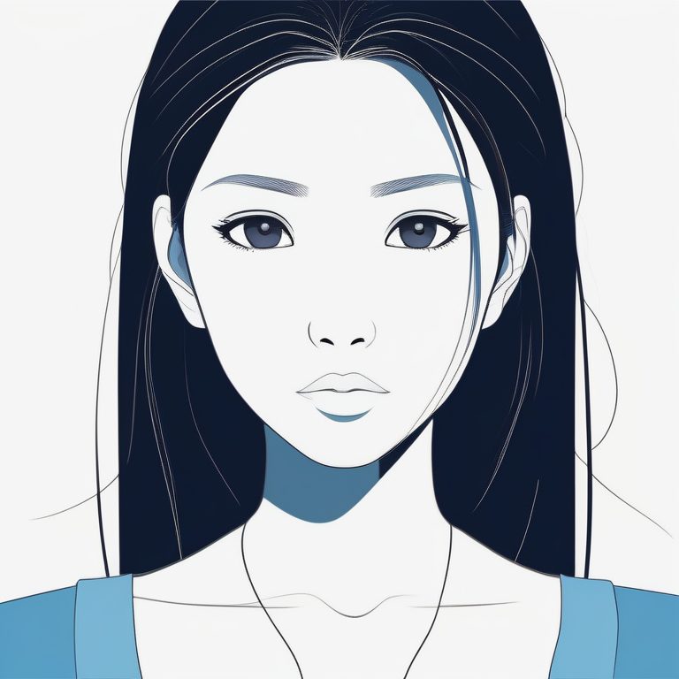 极简二次元女孩肖像,蓝色纯色背景,清新风格