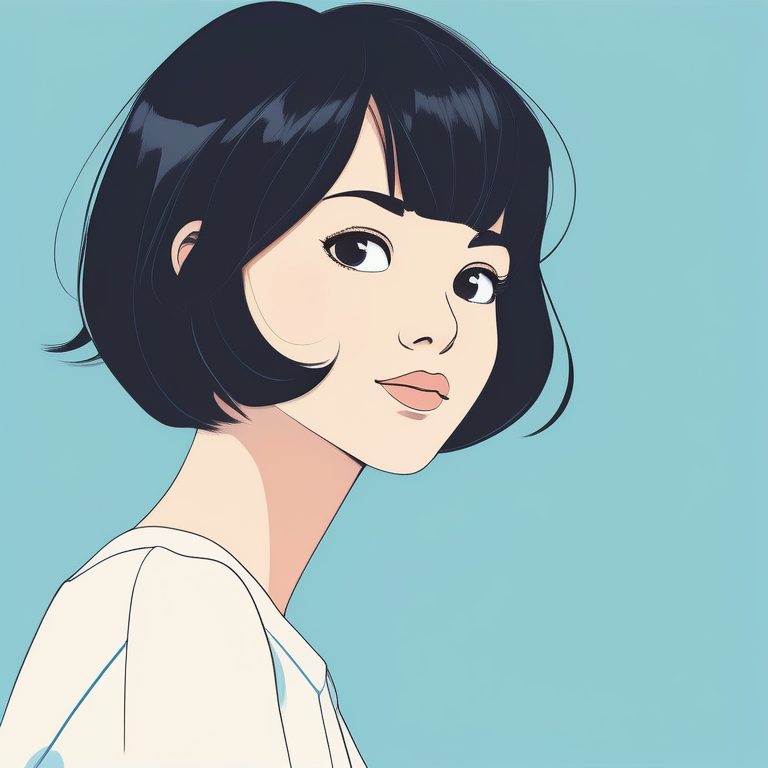 极简二次元女孩肖像,天蓝背景,短发微笑