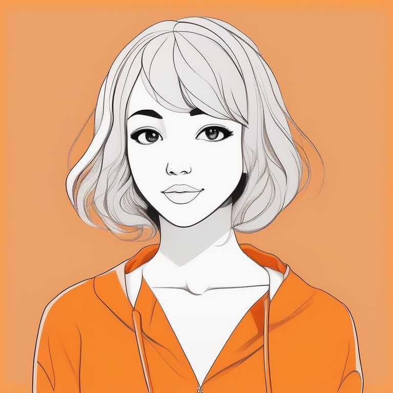 极简二次元少女,橙色纯色背景,微卷短发