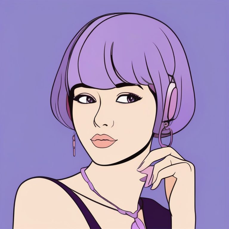 极简二次元紫发耳钉女孩肖像纯色背景