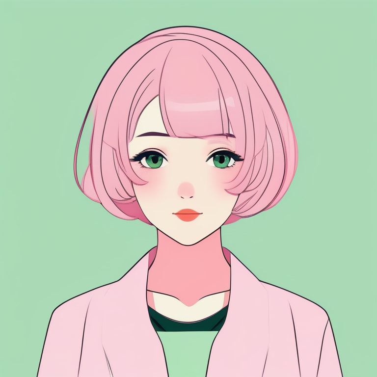 极简粉发少女肖像浅绿色背景