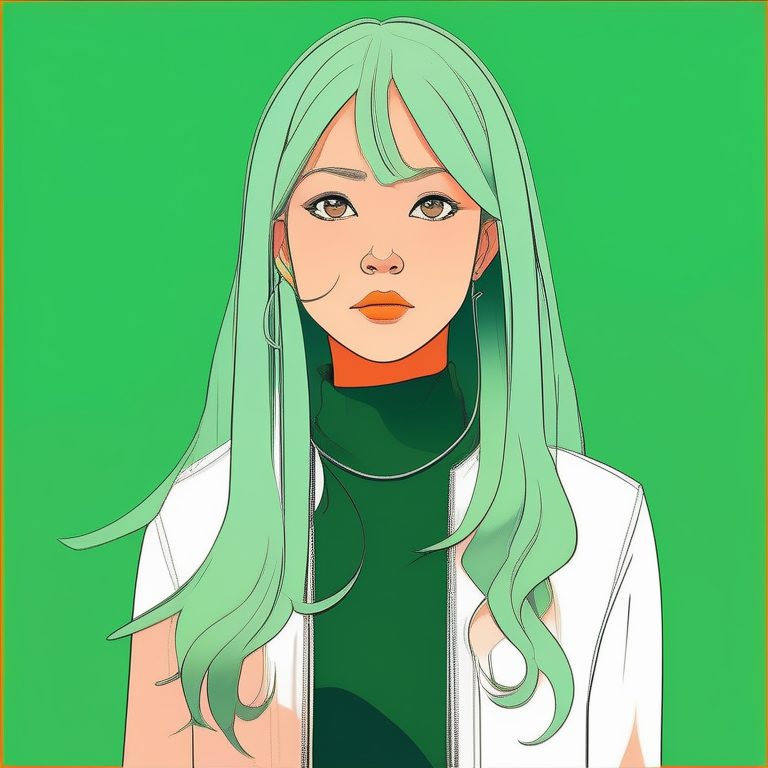 极简风二次元少女肖像:绿色长发与橙色背景