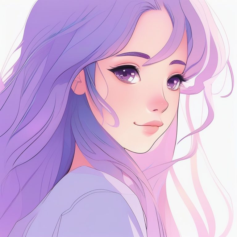 极简风格二次元长发女孩肖像,浅紫纯背景