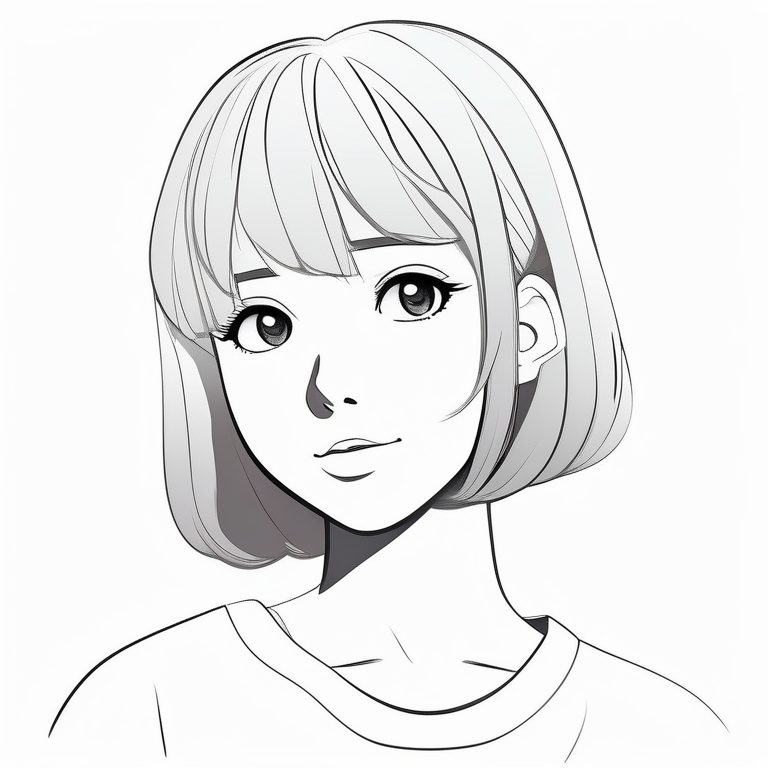 极简风格二次元短发女孩肖像,白色纯色背景