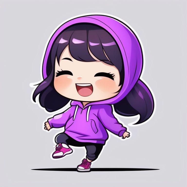 极简风格Q版女孩:紫色连帽卫衣与跳跃姿态