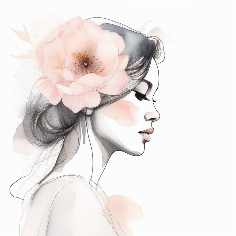 极简风格线描时尚水彩花卉少女