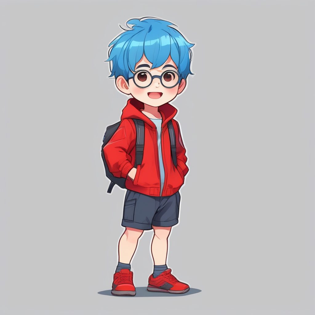 极简风格:一位蓝色短发Q版动漫男孩