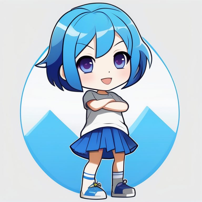 极简风蓝色背景Q版萌系短发女孩全身形象