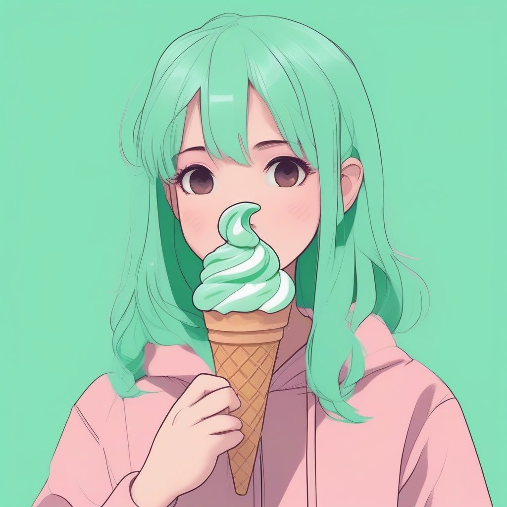 极简风美食：吃冰淇淋的凌乱可爱少女肖像