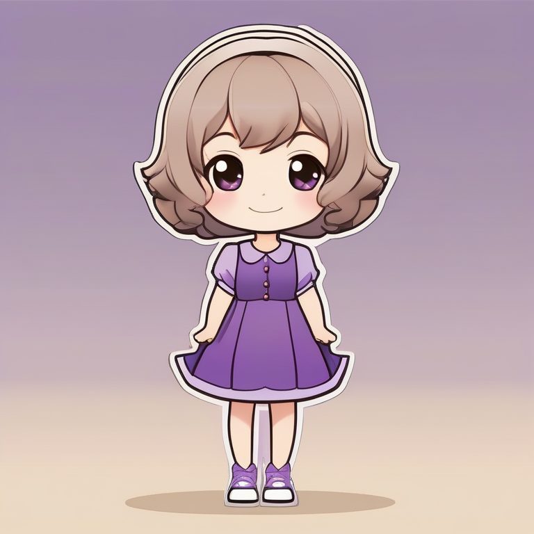 极简风Q版动漫女孩全身,紫色泡泡裙,干净米色背景