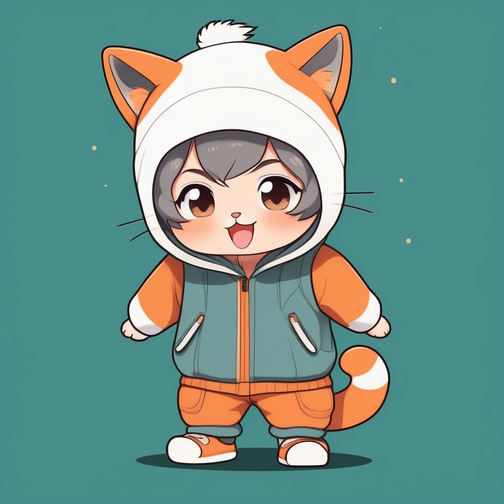 极简风Q版男孩：戴猫耳帽的可爱全身形象