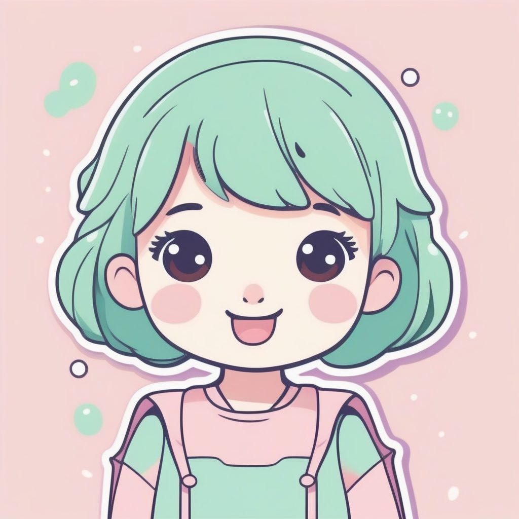 极简风Q版女孩贴纸：挥手致意，薄荷绿纯色背景AI艺术