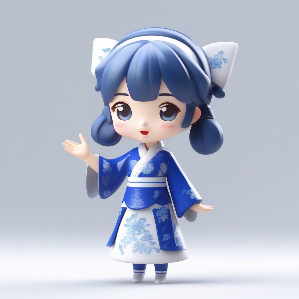 极简风Q版青花瓷旗袍少女：3D粘土手办全身渲染，纯白背景