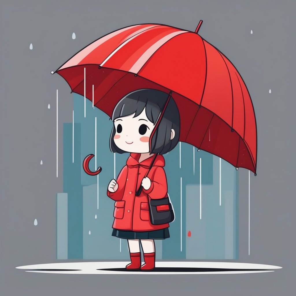 极简风Q版雨天女孩AI绘画提示词：大红雨伞可爱萌系全身插画