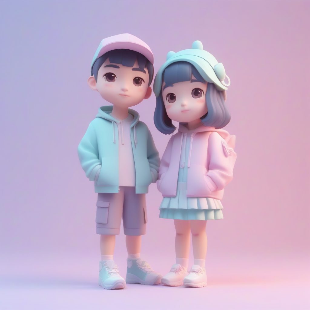 极简风情侣Q版全身照：Pastel Colors柔和色调与8K高细节