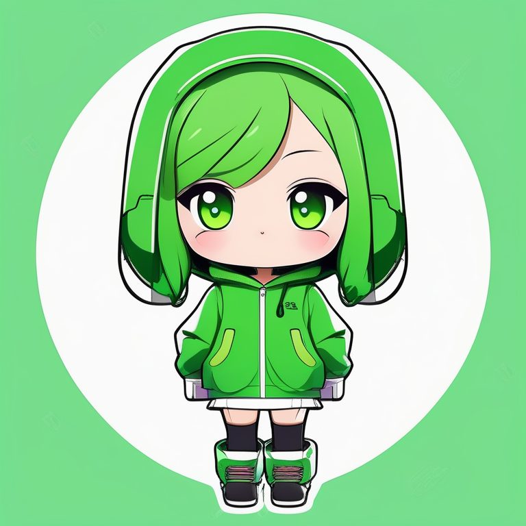 极简干净风格Q版动漫女孩全身绿色底