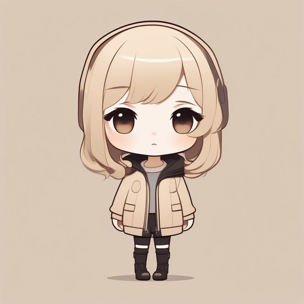 极简高级感Q版女孩：米色系低饱和度纯色背景全身像