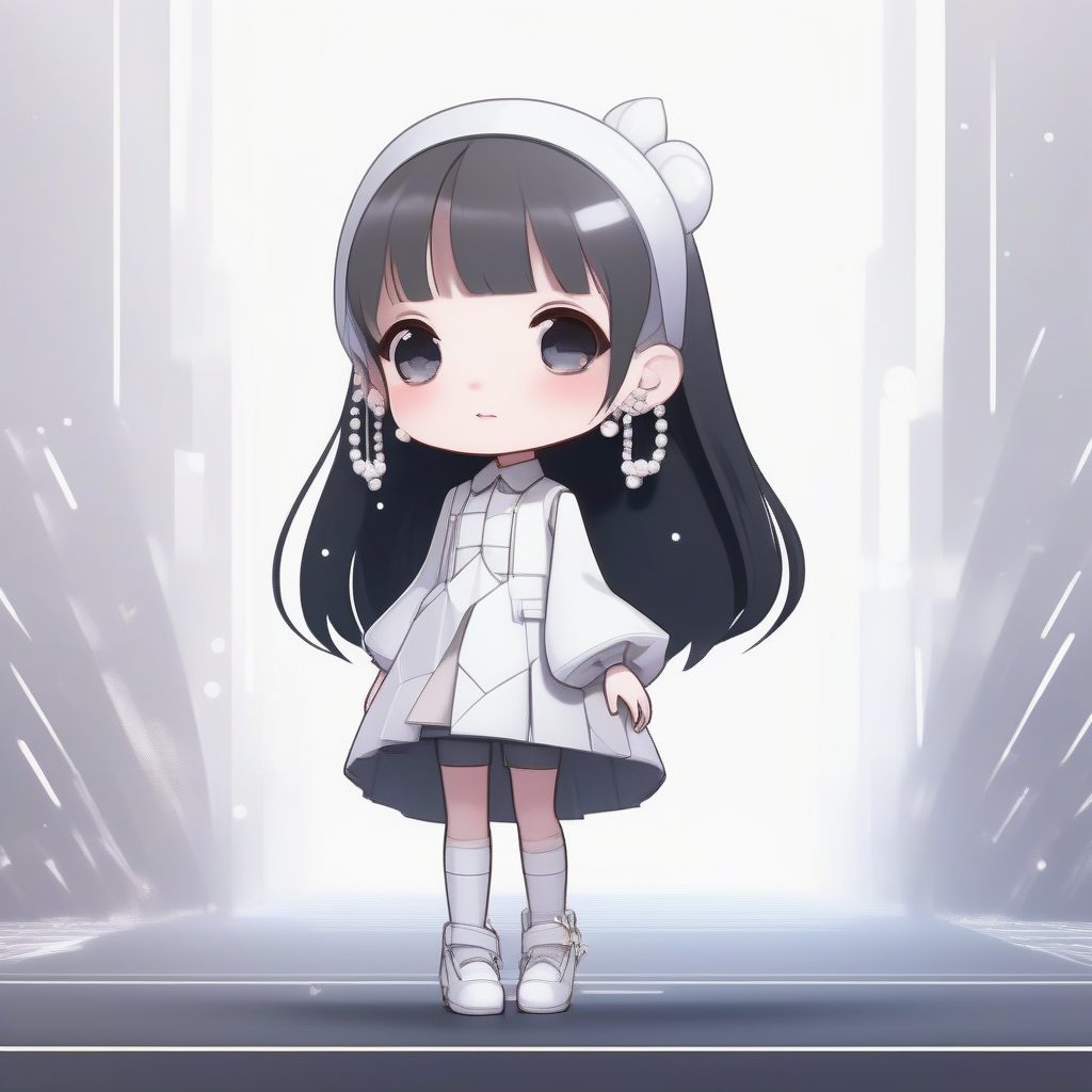 极简高奢Q版名媛：柔和布光、珍珠饰品光线追踪全身照AI提示词