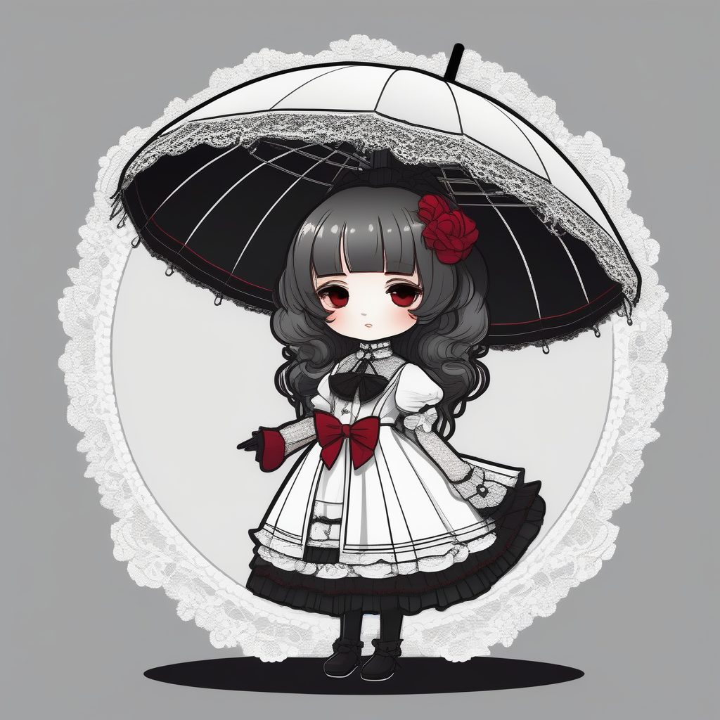 极简黑白Q版哥特洛丽塔女孩插画AI提示词