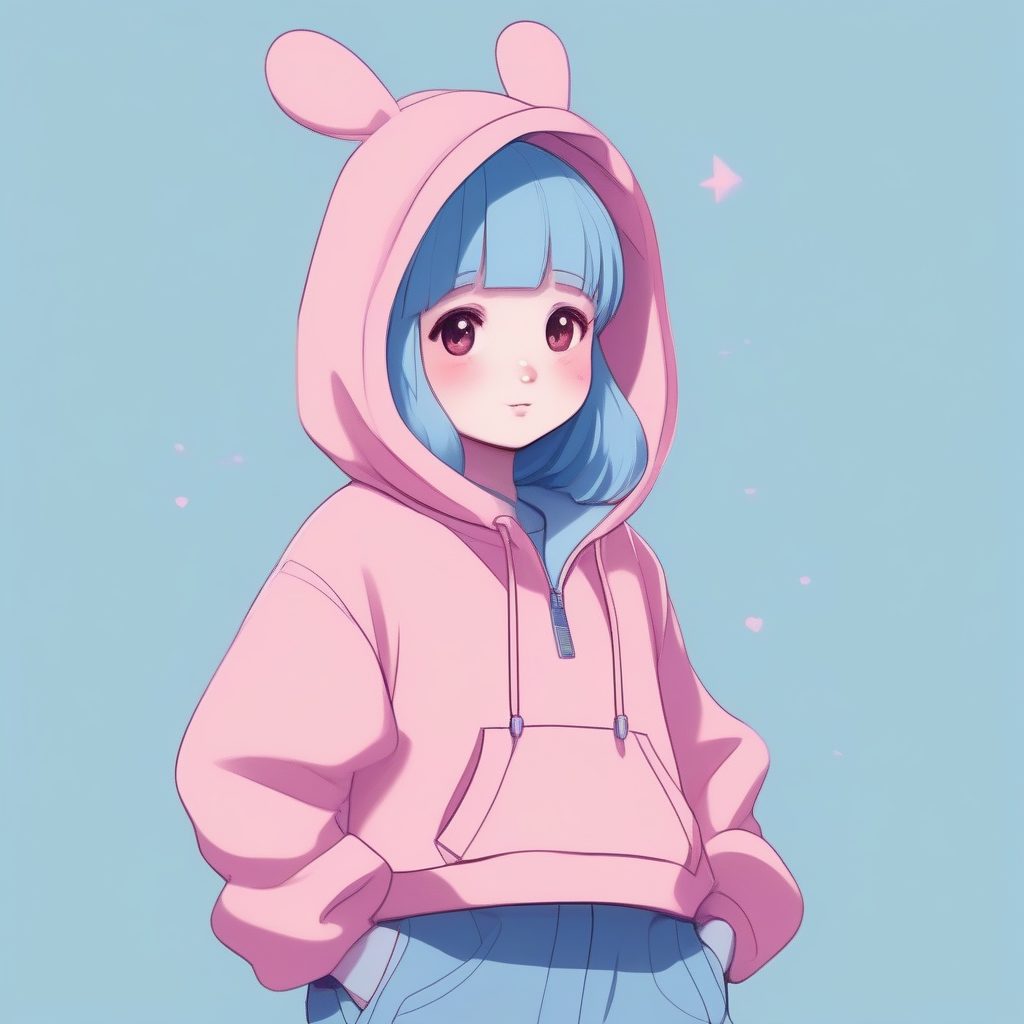 极简街头风Q版时尚女孩：粉色卫衣与厚底鞋的全身站立照