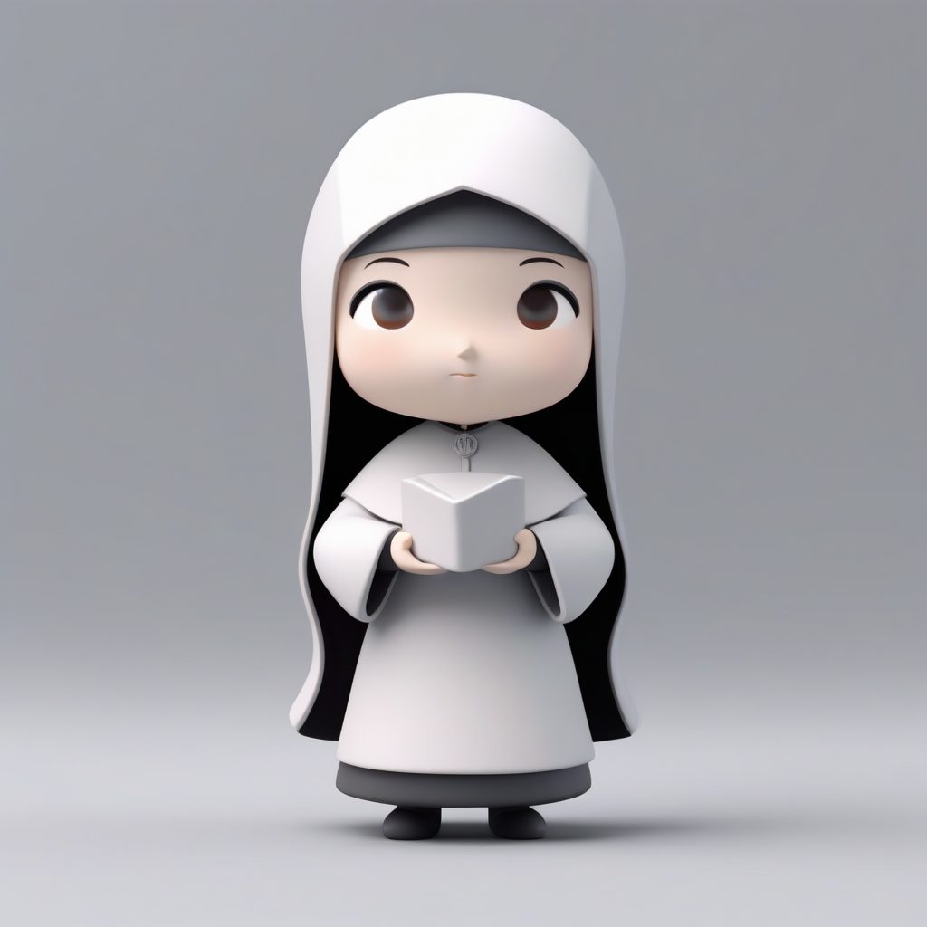 极简静谧修女：柔和灰马卡龙配色的Q版盲盒高抛光渲染