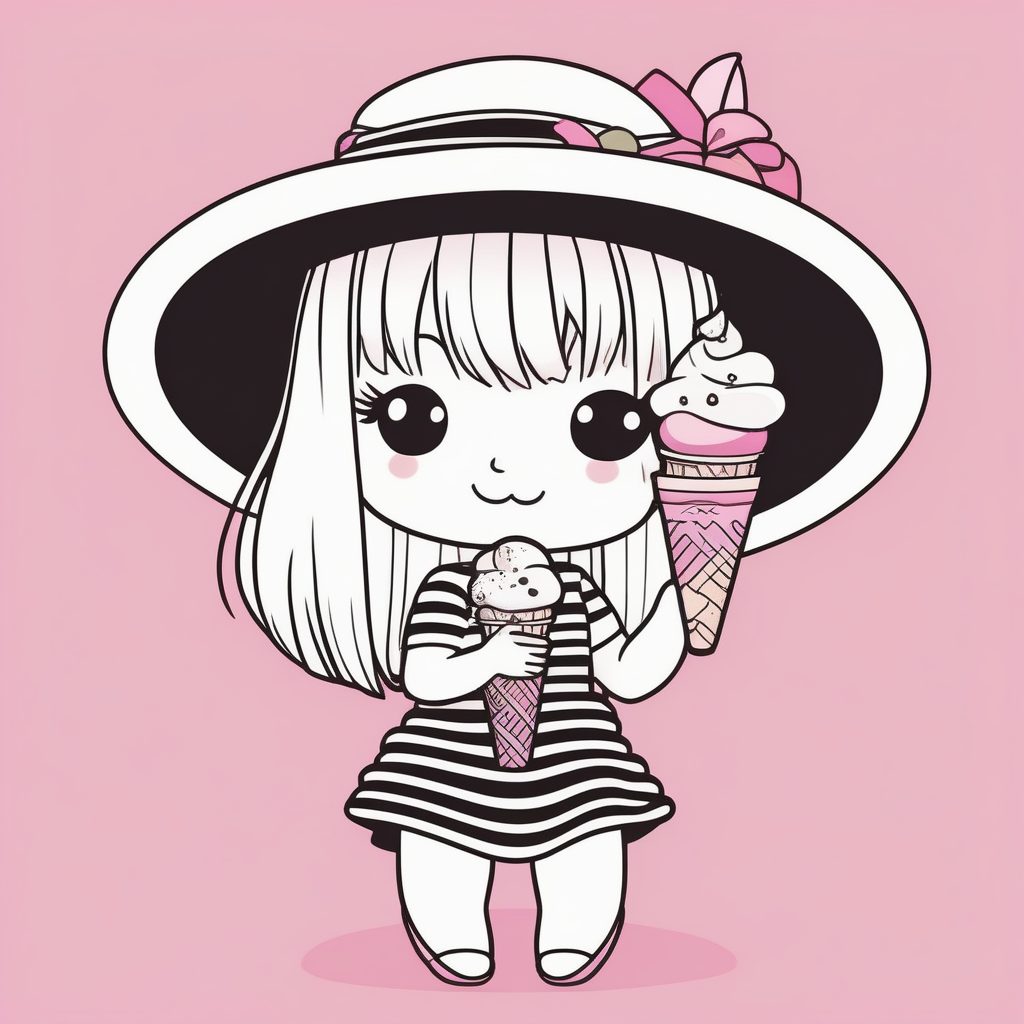 极简卡通风Q版沙滩女孩全身插画Prompt：草帽与冰淇淋