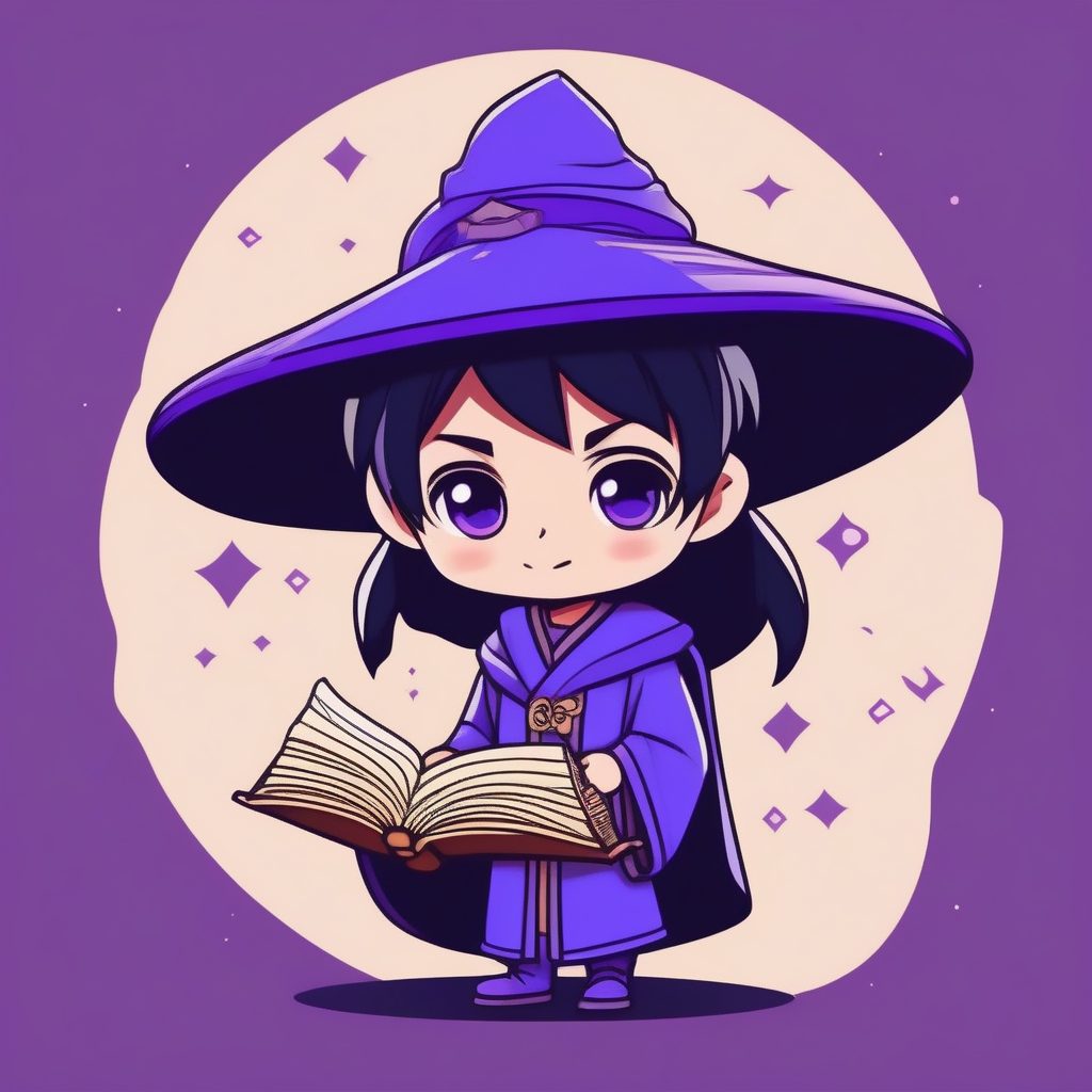 极简卡通魔法学徒Q版男孩AI绘画提示词：抱书好奇表情