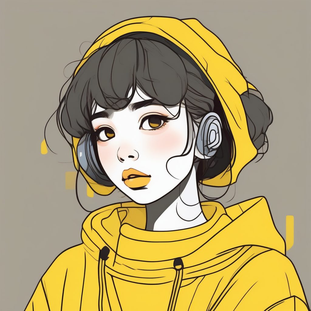 极简卡通头像:嘟嘴困惑的少女,超大毛衣与纯黄色背景