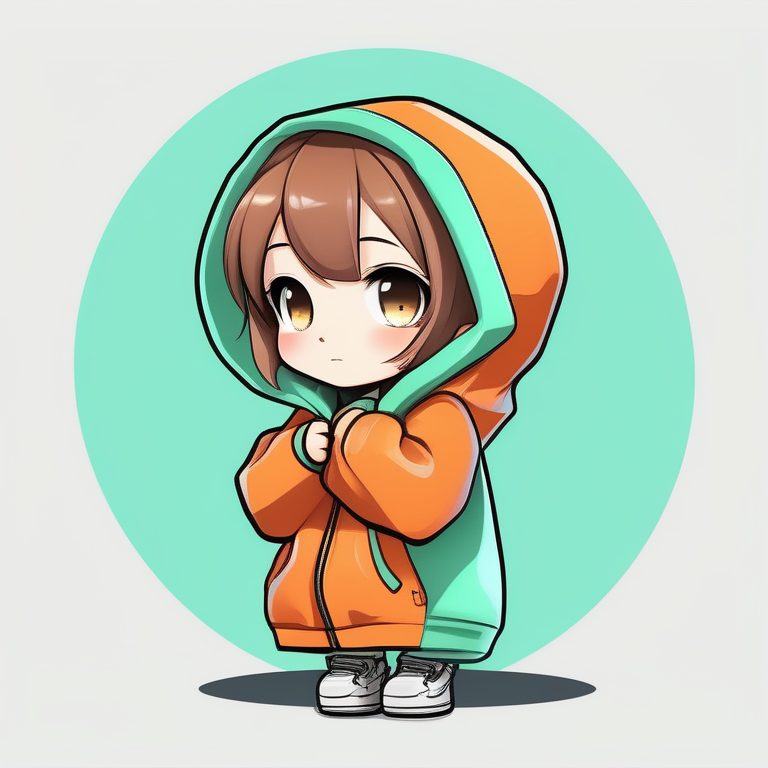 极简卡哇伊Q版动漫女孩全身橙色连帽衫造型