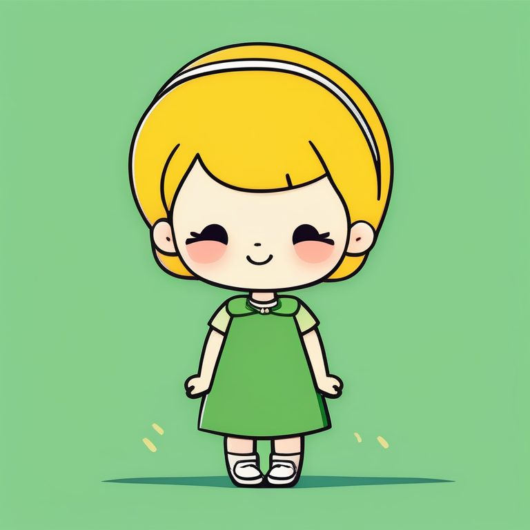 极简卡哇伊Q版动漫女孩全身,黄色头饰,明亮绿色纯色背景