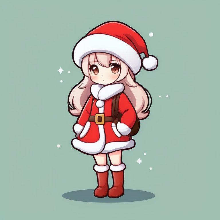 极简卡哇伊Q版动漫全身圣诞女孩,纯色干净背景