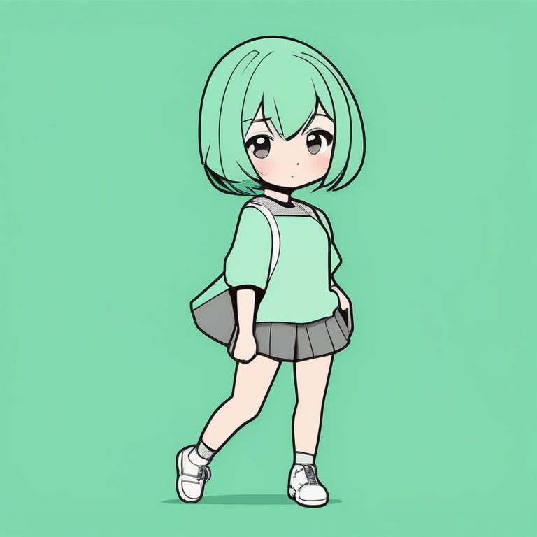 极简卡哇伊Q版短发女孩全身，薄荷绿背景