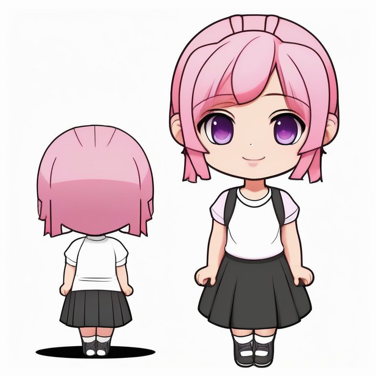 极简卡哇伊Q版粉发短发女孩全身插画