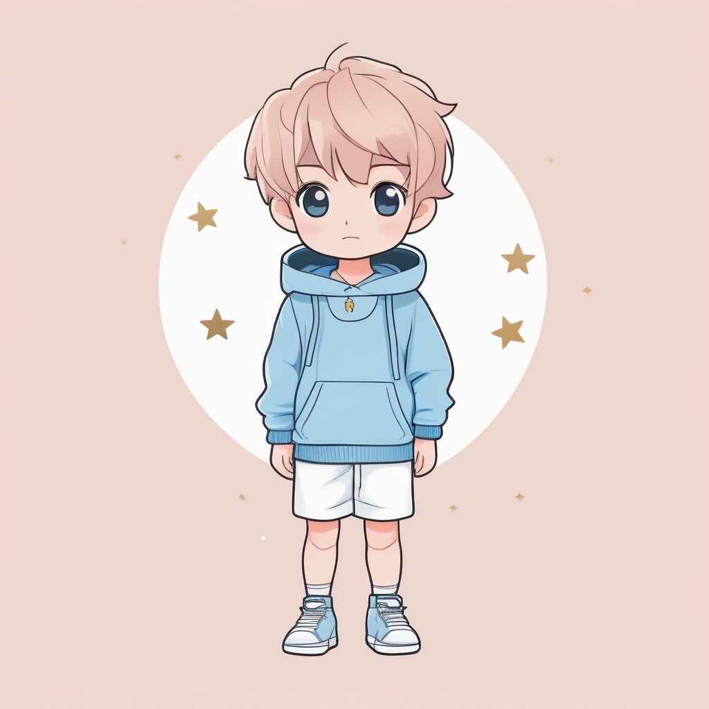 极简卡哇伊Q版：粉色背景下手持星星的蓝色毛衣男孩