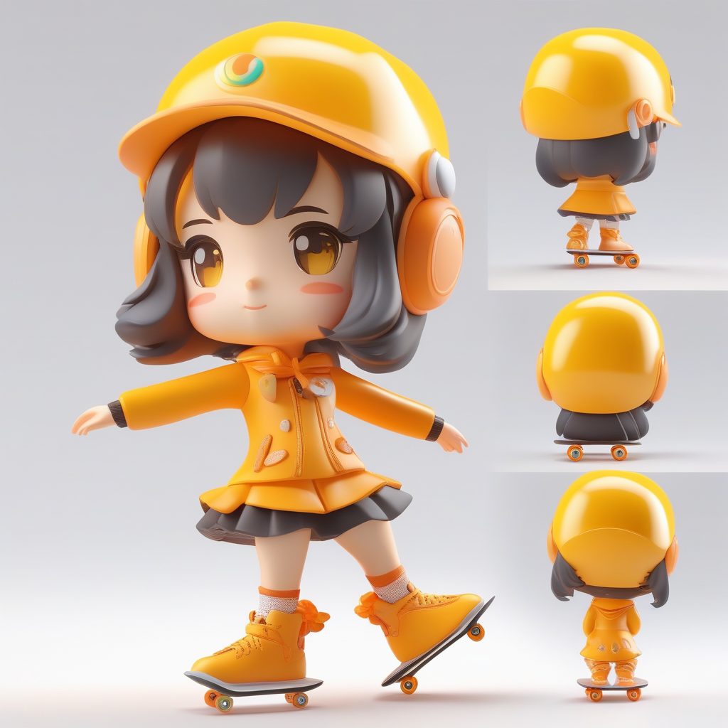 极简卡哇伊Q版复古轮滑女孩粘土造型3D图