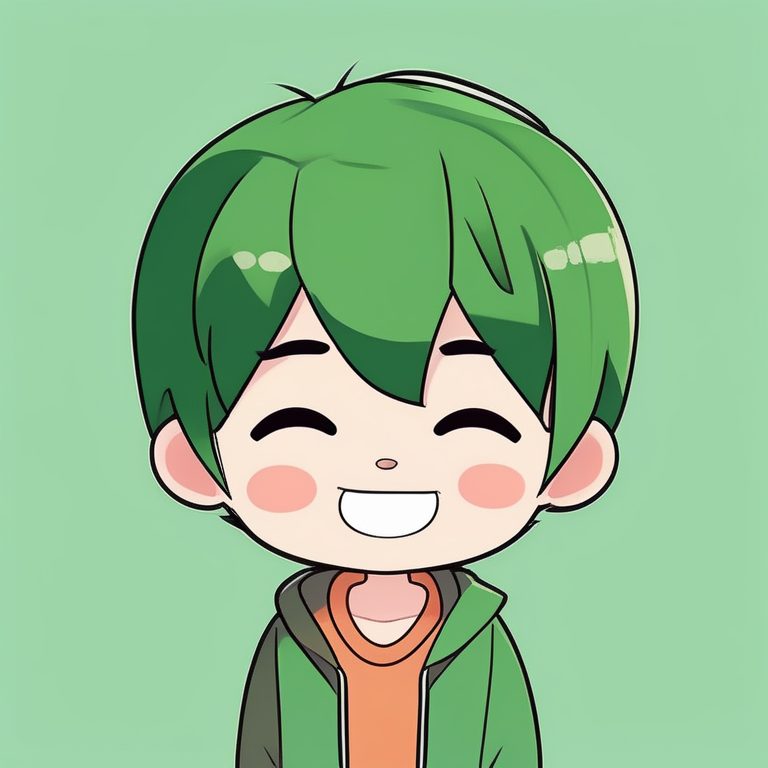 极简卡哇伊Q版萌男孩全身—绿色纯色背景,眨眼动作