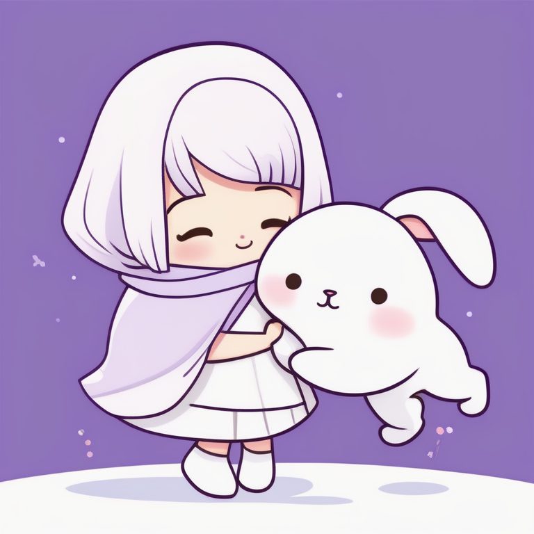 极简卡哇伊Q版女孩风格与一只小兔子