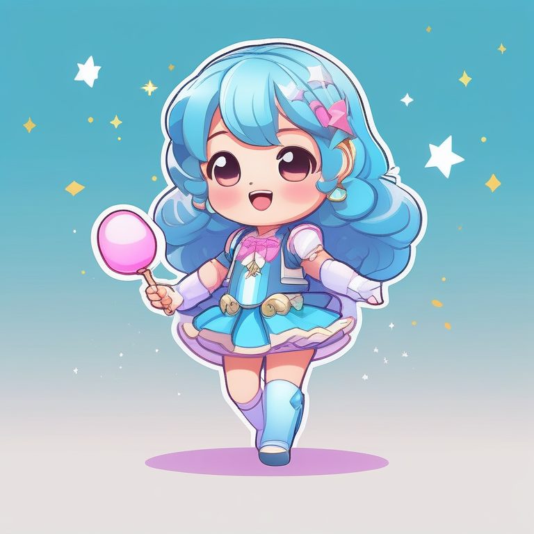 极简卡哇伊Q版女孩 全身 萌系魔法少女 蓝色背景