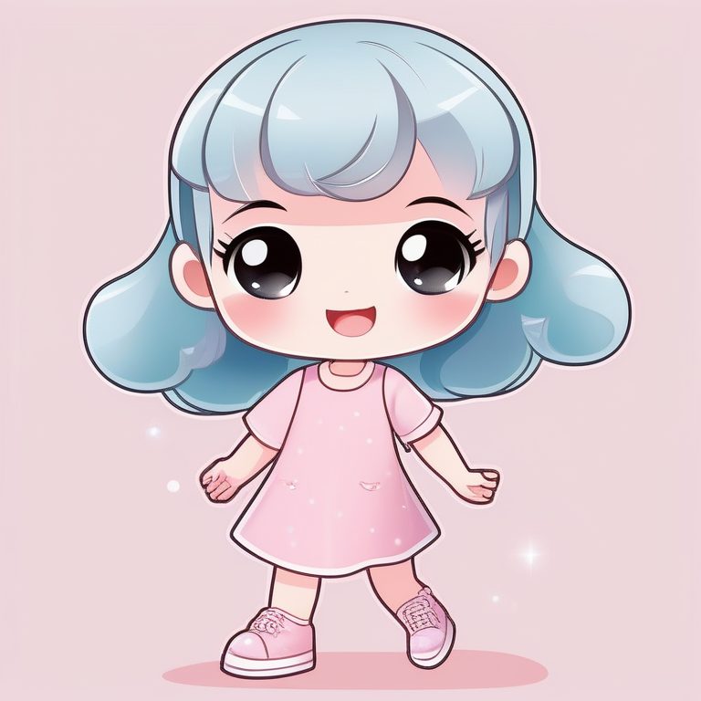 极简卡哇伊Q版女孩全身像–纯色背景–俏皮眨眼