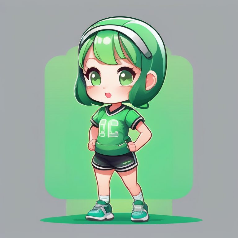 极简卡哇伊Q版女孩 全身 运动主题 绿色背景